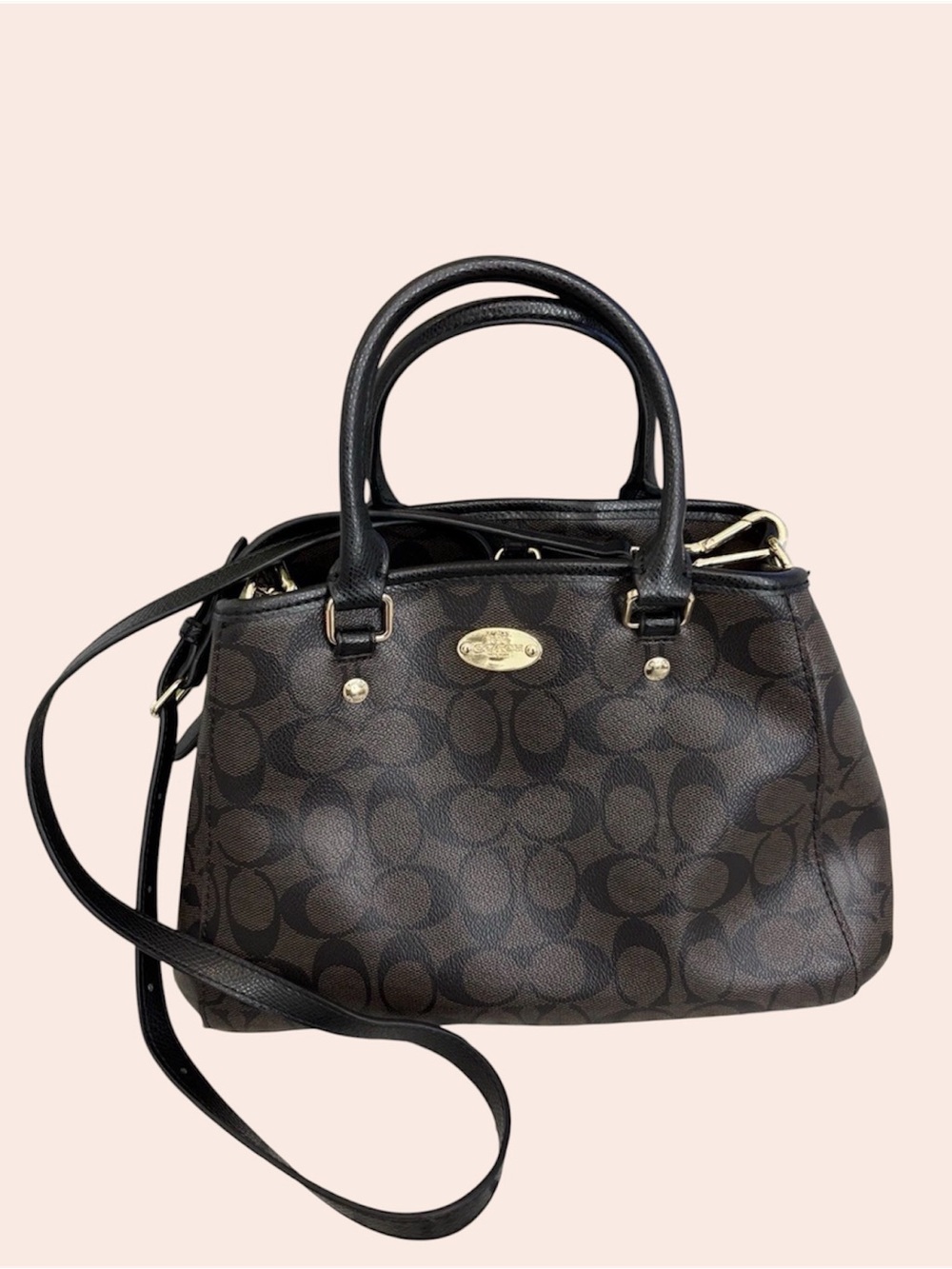 Brown Signature Print Satchel Handbag with Black Trim
